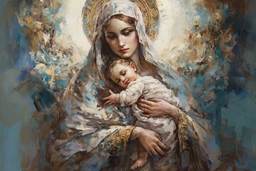 Photo illustration of the Orthodox Mother of God Virgin Mary with the baby biblical picture AI © Vitalii But