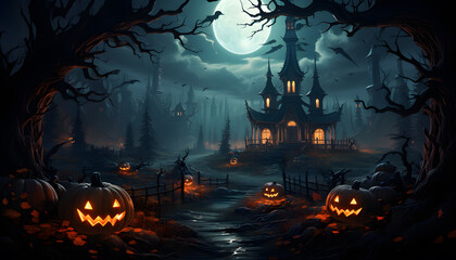 Haunted house, pumpkin patch at night by full moon light