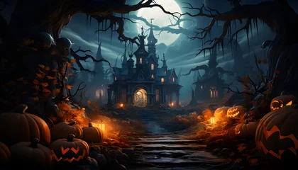Sierkussen Haunted house, pumpkin patch at night by full moon light © AGSTRONAUT
