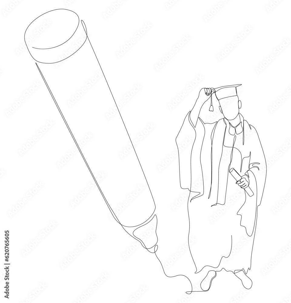 Poster one continuous line of university student graduation event drawn by with felt tip pen. thin line edu