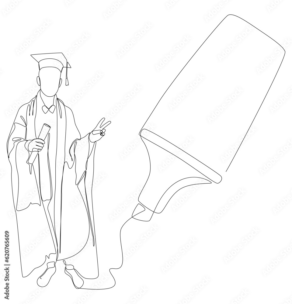 Poster one continuous line of university student graduation event drawn by with felt tip pen. thin line edu