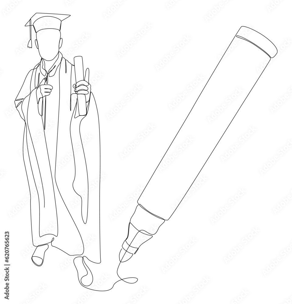 Poster one continuous line of university student graduation event drawn by with felt tip pen. thin line edu