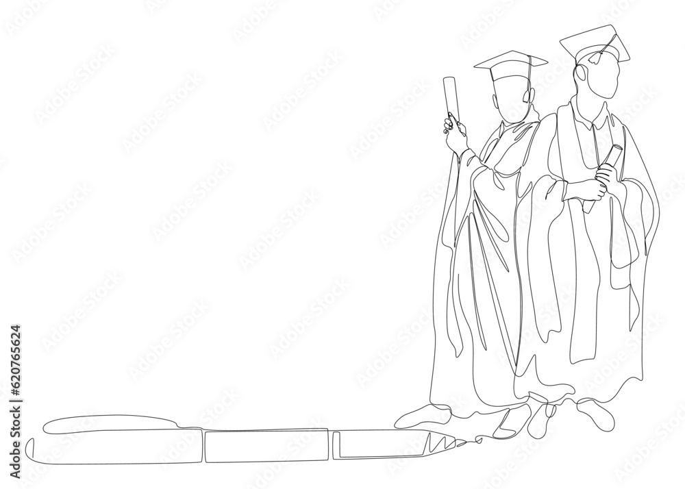 Poster one continuous line of university student graduation event drawn by with felt tip pen. thin line edu