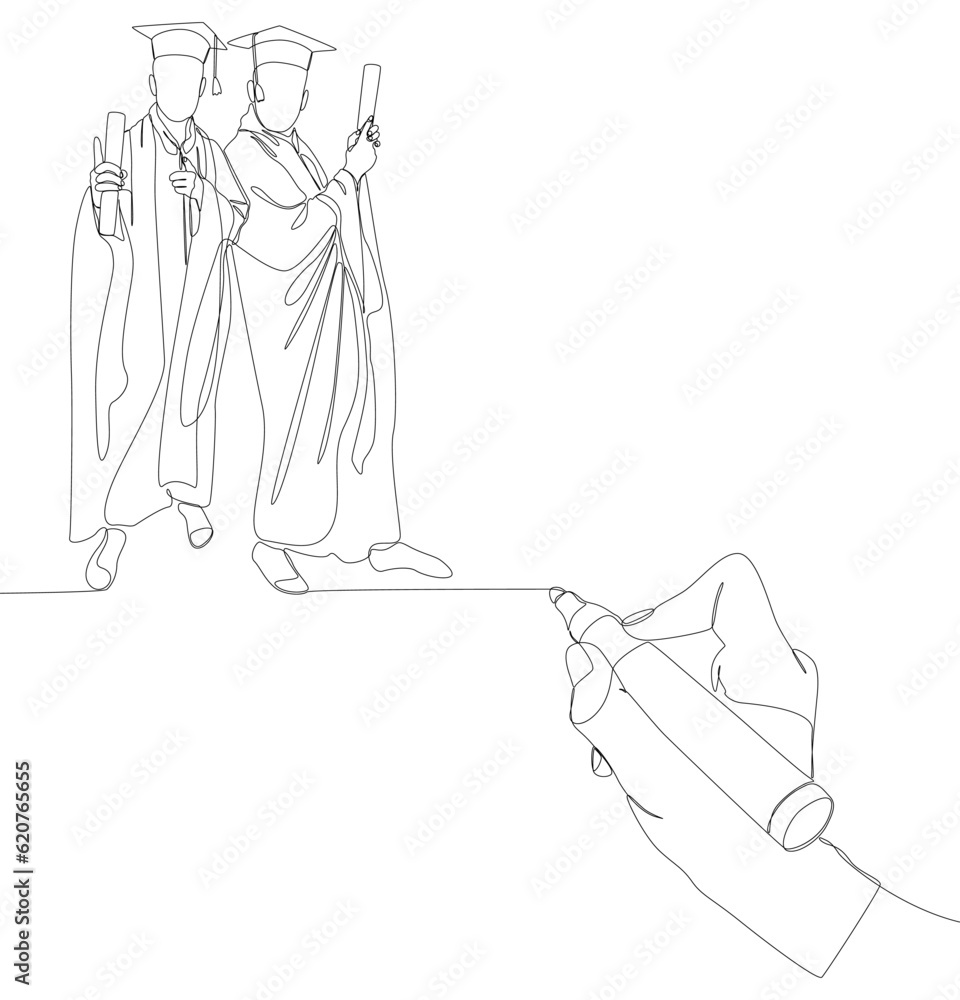 Poster one continuous line of university student graduation event drawn by with felt tip pen. thin line edu