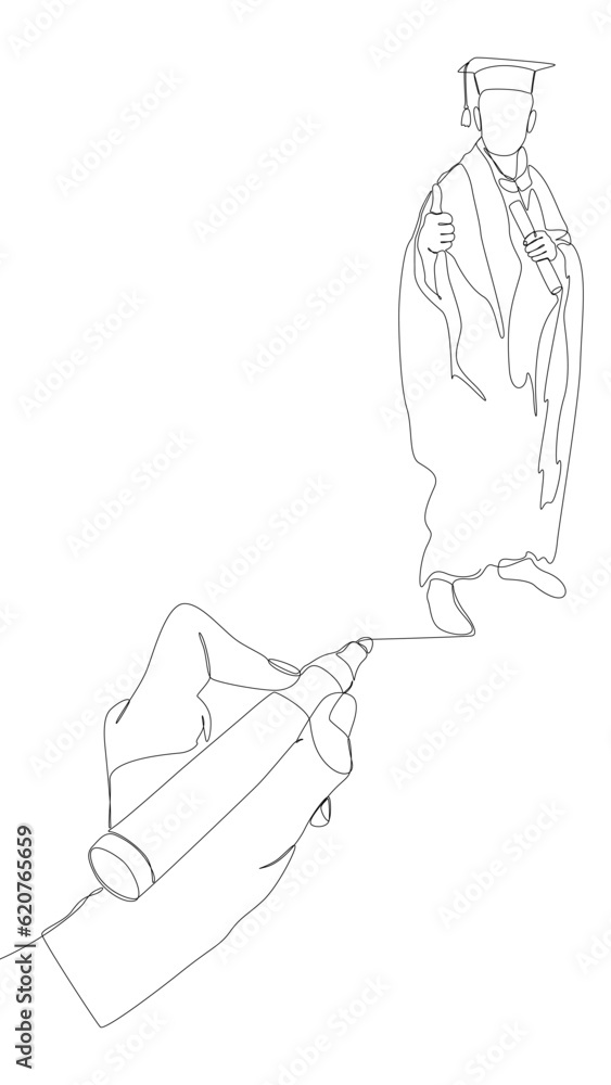 Poster one continuous line of university student graduation event drawn by with felt tip pen. thin line edu