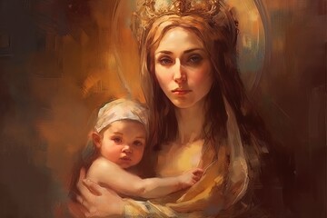 Obraz na płótnie Canvas Photo illustration of the Orthodox Mother of God Virgin Mary with the baby biblical picture AI