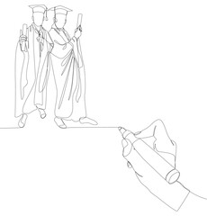 One continuous line of university student graduation event drawn by with felt tip pen. Thin Line Education Illustration vector concept. Contour Drawing Creative ideas.