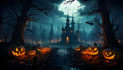 Fototapeta na wymiar A house shrouded in ghostly tales, a moonlit pumpkin patch evoking an air of mystery.