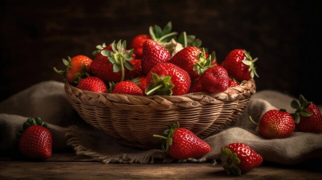 Closeup Fresh Strawberries in a bamboo basket with blur background