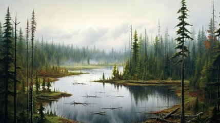 Beautiful Landscape with a river in the forest and trees in the fog