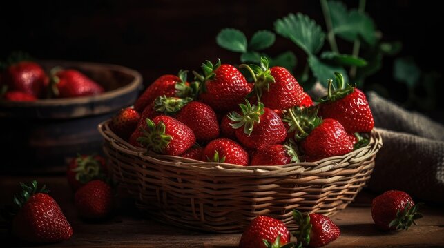 Closeup Fresh Strawberries in a bamboo basket with blur background