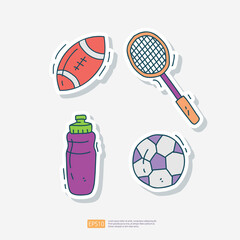American football rugby, badminton racket, water flask, soccer football doodle icon. Sport Fitness and healthy life Sticker Set Vector Illustration - obrazy, fototapety, plakaty