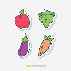 apple, broccoli, eggplant fruit, carrot doodle icon. Fruit and vegetable healthy life Sticker Set Vector Illustration