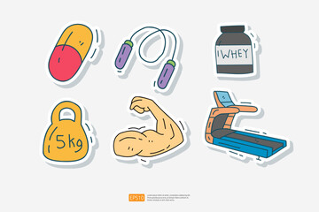 vitamin capsule, skipping jumping rope, whey protein, kettlebell fitness, muscle arm, treadmill running machine doodle icon. Sport Fitness and healthy life Sticker Set Vector Illustration