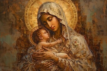 Photo illustration of the Orthodox Mother of God Virgin Mary with the baby biblical picture AI © Vitalii But