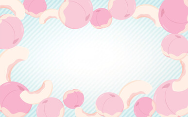 ポップで可愛い桃・ピーチのリアルイラスト横長背景フレームベクター素材_水色と手描きストライプ