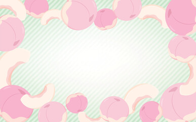 ポップで可愛い桃・ピーチのリアルイラスト横長背景フレームベクター素材_緑色と手描きストライプ