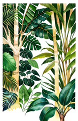 A watercolor-style tropical tree with branches and leaves on a white background, Generative Ai