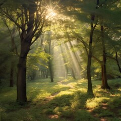 Beautiful forest landscape with sunbeams in the morning light