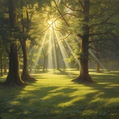 Fototapeta na wymiar Beautiful forest landscape with sunbeams in the morning light