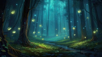 Obraz premium Fantasy dark forest with fog and fireflies