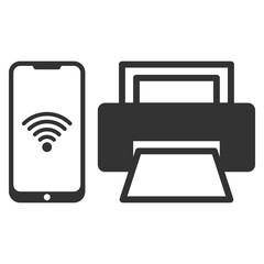 Vector illustration of smartphone connection to the printer icon in dark color and transparent background(PNG).