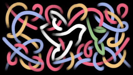 White pigeon. Abstract illustration. Doodle with encrypted peace symbol. Multicolored stripes, red, blue, colors. blows. Abstraction with dove on black background. Purple ribbon, pink thread. Wave