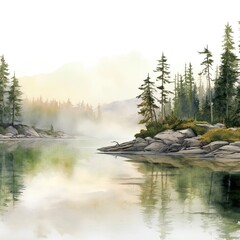 Watercolor Lake surrounded by fog and trees