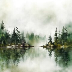 Watercolor Lake surrounded by fog and trees