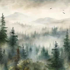 Wall murals Forest in fog Watercolor Lake surrounded by fog and trees