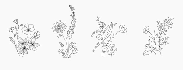 minimal line flower and botanical graphic sketch drawing, trendy tiny tattoo design, floral elements vector illustration - 620769442
