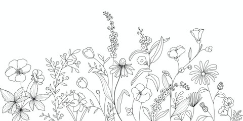 minimal line flower and botanical graphic sketch drawing, trendy tiny tattoo design, floral elements vector illustration - 620769449