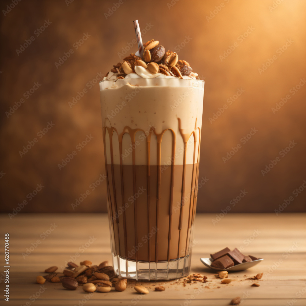 Poster delightful blend of chocolate and nut-infused milkshake, garnished with a drizzle of caramel sauce a