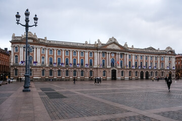 Architectural detail of Toulouse's city hall, the Capitole de Toulouse, and the square of the same name. 