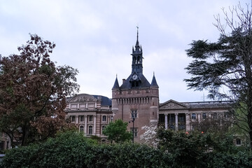 Toulouse, France – April 2023 – Architectural detail of the Capitole de Toulouse (Capitol of Toulouse) back side, heart of the municipal administration and the city hall of this French city.