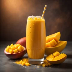 Rugzak a luscious mango smoothie and a creamy mango lassi, garnished with fresh mango slices and a sprinkle of coconut flakes © Beste stock
