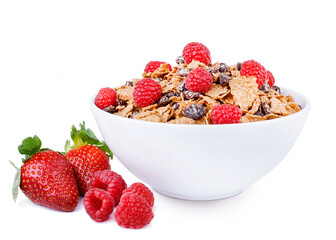 Bowl of bran flakes with raisins and raspberries