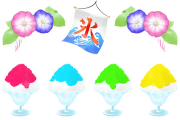 水彩で描いたかき氷のイラストセット／Shaved ice illustration set drawn by watercolor