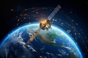Obraz na płótnie Canvas Orbiting Satellites Around the Earth. Global Satellite Communication Concept - Generative AI