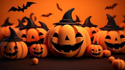 Smiling pumpkins wearing a hat on an orange background.