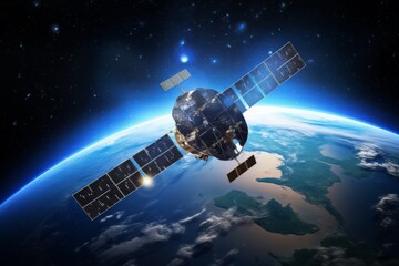 Obraz na płótnie Canvas Orbiting Satellites Around the Earth. Global Satellite Communication Concept - Generative AI