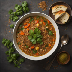 Nourishing lentil soup, featuring a comforting bowl filled with hearty lentils, vegetables, aromatic herbs, and spices
