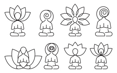 Yoga poses vector set collection. spiritual meditation for calm spirit to get peaceful wellness. Self being concentration sign. Zen spa symbol with lotus flower petals outlined illustration for web ui