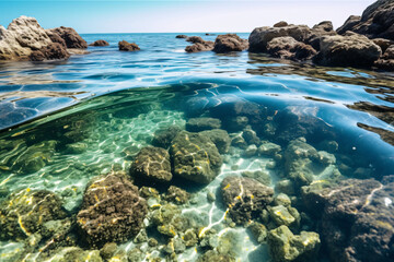 Fototapeta premium Free photo water surface level shot of rocks and reefs at the sea on a sunny day photography