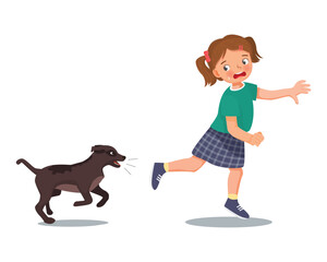 Cute little girl running scared chased by barking dog