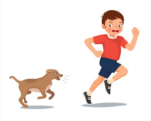 Cute little boy running scared chased by barking dog
