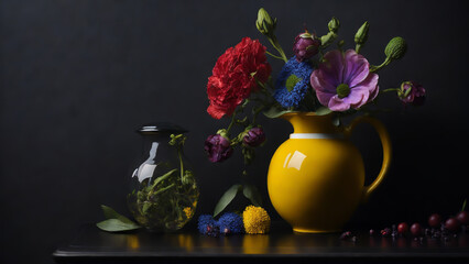 Vibrant and beautiful colorful flowers in the yellow vase create a striking contrast against the sleek black table, adding a touch of liveliness to the space.