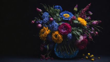 Fototapeta premium Beautiful flowers arranged in a blue glass vase stand out boldly against the black background, creating a striking and captivating contrast.