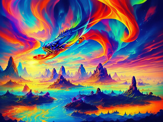 Serene beauty of the mountainous landscape is enhanced by the presence of the flying fish, its vibrant colors reflecting the hues of the setting sun, creating a harmonious blend of nature's wonders.