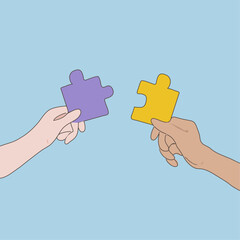 Hands holding puzzle pieces, teamwork and partnership concept. Symbol of business, cooperation and innovation. Hand-drawn, vector illustration.